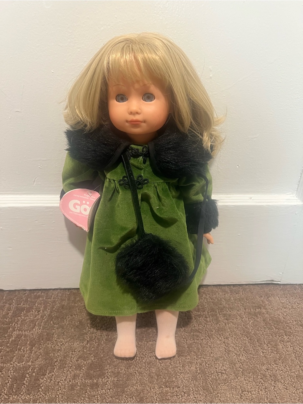 Vintage Götz Doll Blonde Hair Green Velvet Dress w/ Faux Fur Trim Germany - Picture 3 of 12